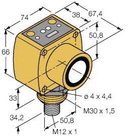 Diagram czujnika z wymiarami: szerokość 74 mm, wysokość 66 mm, głębokość 67,4 mm. Gwint: M30 x 1,5, złącze M12 x 1.
