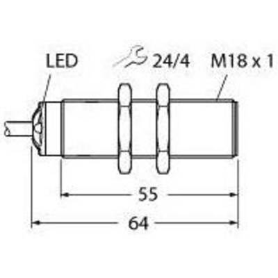Rysunek techniczny cylindrycznego elementu z diodą LED, symbolem 24/4 oraz gwintem M18x1. Długość wynosi 64 mm, z zaznaczonym obszarem 55 mm.