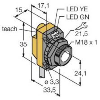 Rysunek techniczny czujnika z wymiarami, gwintem M18 x 1, żółtymi i zielonymi wskaźnikami LED oraz przyciskiem 'teach'.