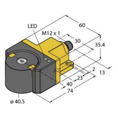 Rysunek techniczny czujnika o następujących parametrach: średnica 40,5 mm, długość 74 mm, wskaźnik LED, złącze M12 x 1.