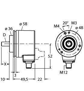 Rysunek techniczny cylindrycznego czujnika z wymiarami i przyłączami. Średnica 58 mm, długość 52 mm, przyłącze M12.