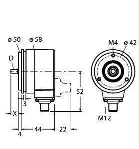 Rysunek techniczny cylindrycznego czujnika z wymiarami w milimetrach: Średnica 50 x 58, długość 52, gwint M4, złącze M12.