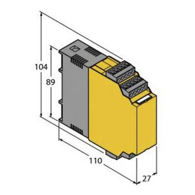 Urządzenie elektroniczne w żółtej obudowie, przedstawione o wymiarach 104 x 110 x 27 mm.