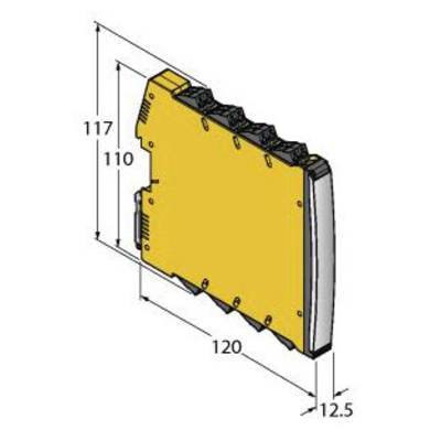 Rysunek żółtego urządzenia elektronicznego z podanymi wymiarami: wysokość 117 mm, szerokość 120 mm, głębokość 12,5 mm.