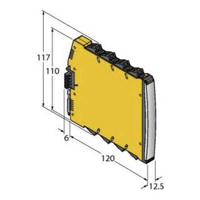 Żółte urządzenie elektroniczne o wymiarach: wysokość 117 mm, szerokość 120 mm, głębokość 12,5 mm. Przedstawione na rysunku technicznym.