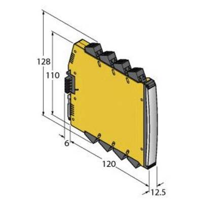Żółte prostokątne urządzenie z ściętą górną powierzchnią i zaciskami bocznymi, wymiary: 128x120x12,5 mm, wysokość 110 mm.