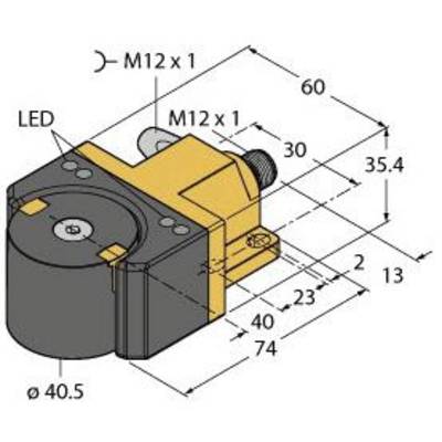 Rysunek techniczny czujnika z wymiarami i przyłączami. Przedstawione wymiary obejmują długość 60, szerokość 40,5 oraz wysokość 35,4 mm.