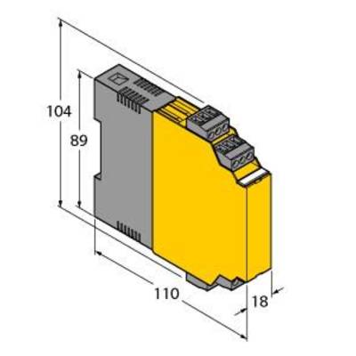 Rysunek żółto-szarego urządzenia elektronicznego z zakresu techniki łączeniowej o wymiarach 104 mm x 110 mm x 18 mm, szkic montażowy z przyłączami od góry.