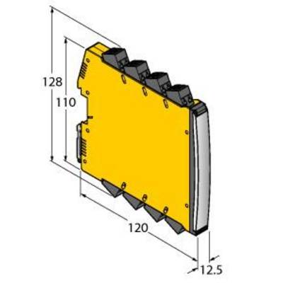 Schemat prostokątnego urządzenia z żółtą obudową i czterema czarnymi złączami u góry. Wymiary: 128 mm x 120 mm x 12,5 mm.