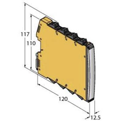 Urządzenie elektroniczne, prostokątny kształt, żółty kolor. Wymiary: 117 mm wysokości, 120 mm szerokości, 12,5 mm głębokości.
