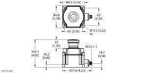 Rysunek techniczny czujnika z wymiarami: 80,3 x 65 mm od góry, 107,4 mm szerokości z boku, złącze M12.