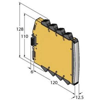 Przedstawia rysunek techniczny żółtego urządzenia elektronicznego z podanymi wymiarami: wysokość 128 mm, głębokość 120 mm, szerokość 12,5 mm.