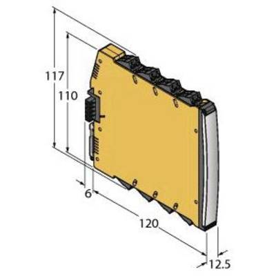 Żółty prostokątny moduł o wymiarach: 117 mm wysokości, 120 mm szerokości, 12,5 mm głębokości. Prezentuje boczne rozmieszczenie wtyczek i zacisków.