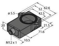 Rysunek techniczny prostokątnego czujnika o wymiarach: 62,6x71,6 mm, średnica otworu 5,5 mm, wysokość zmienna.