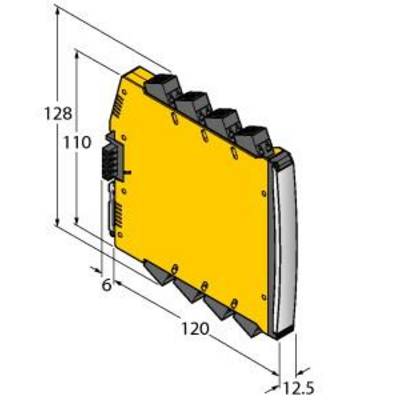 Rysunek techniczny żółtego modułu elektrycznego o wysokości 128 mm, szerokości 120 mm, głębokości 12,5 mm z bocznym złączem i widocznymi złączami wtykowym.