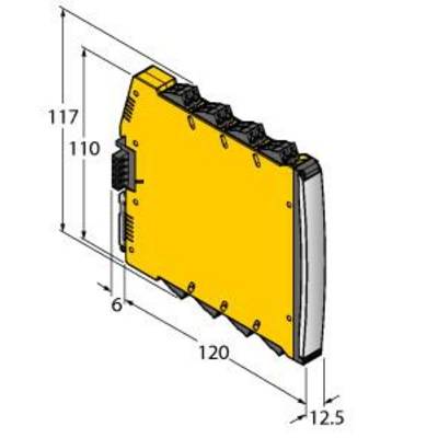 Rysunek prostokątnego żółtego urządzenia o wymiarach 117 mm x 110 mm x 120 mm x 12,5 mm, pokazujący również złącza na górnej powierzchni.
