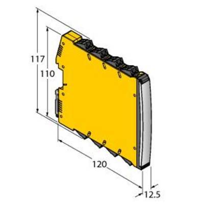 Żółty element elektroniczny o wymiarach: 117 mm wysokości, 120 mm szerokości i 12,5 mm głębokości. Posiada cztery czarne złącza na górnej powierzchni.