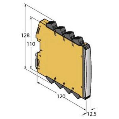 Diagram żółtego urządzenia elektronicznego z czarnymi złączami. Wymiary: wysokość 128 mm, szerokość 120 mm, głębokość 12,5 mm.