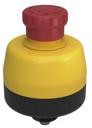 Czerwony przycisk awaryjnego wyłączenia na żółnej obudowie, symbolizujący bezpieczeństwo i funkcję natychmiastowego zatrzymania w zastosowaniach przemysłowych.