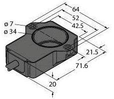 Rysunek techniczny prostokątnego elementu z wycinkiem kołowym pośrodku o wymiarach: 64x52x42,5 mm, wysokość 21,5 mm.