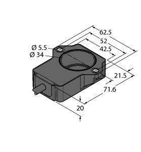 Rysunek mechanicznego elementu z wymiarami: 62,5 mm długości, 42,5 mm szerokości, 20 mm wysokości, średnica otworów 5,5 mm i 34 mm.