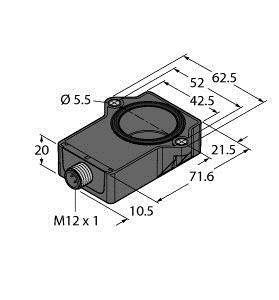 Rysunek prostokątnego urządzenia z wymiarami technicznymi: 71,6 x 62,5 x 42,5 mm. Połączenie z gwintem M12 x 1 po lewej stronie.
