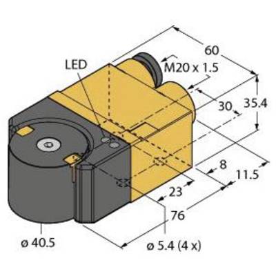 Rysunek techniczny elementu elektrycznego z wymiarami i oznaczeniami: 60 mm x 76 mm x 23 mm. Zawiera diodę LED i gwint M20 x 1,5.