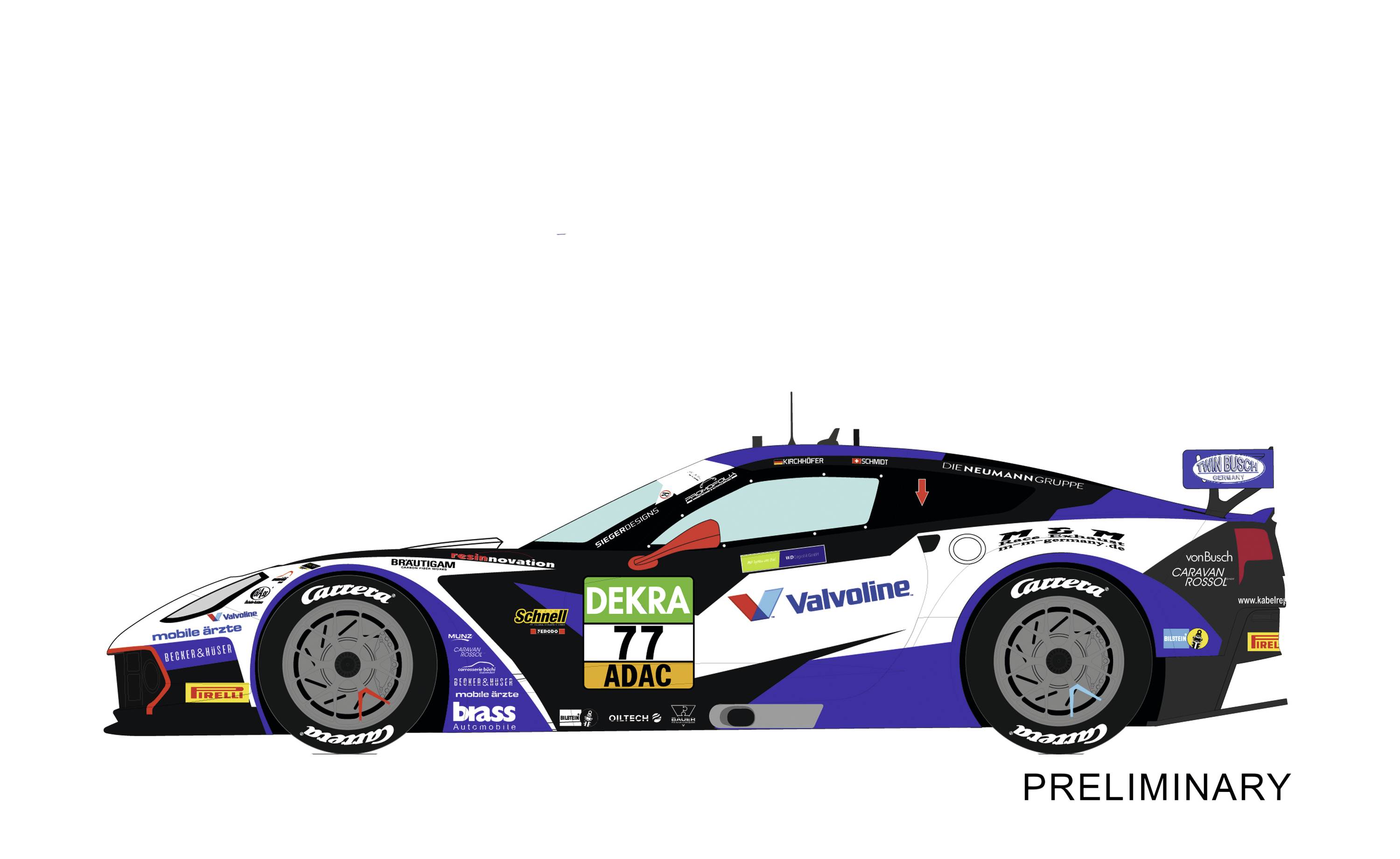 Widok samochodu z boku: Samochód wyścigowy z numerem 77, projekt w kolorach niebieskim i białym, logo sponsorów takich jak Valvoline i Dekra. Tekst: 'WSTĘPNY'.