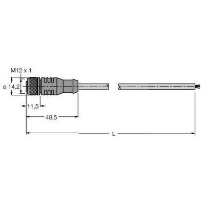 Rysunek techniczny złącza M12 ze szczegółowymi wymiarami: Ø 14,2 mm, długość 48,5 mm. Zastosowanie do połączeń kablowych.