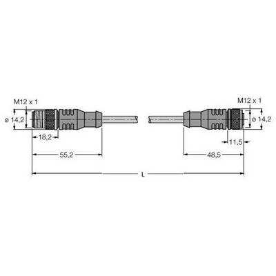 Rysunek techniczny dwóch wtyczek M12 x 1 z wymiarami. Długość lewej wtyczki: 55,2 mm, prawej: 48,5 mm. Całkowita szerokość: 14,2 mm.