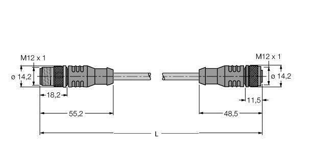 Rysunek techniczny złącza M12 z wymiarami. Lewa strona pokazuje długość 55,2 mm, a prawa strona 48,5 mm. Średnica wynosi 14,2 mm.