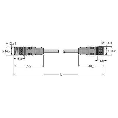 Rysunek techniczny dwóch złączy kablowych M12 x 1 z wymiarami: Po lewej 14,2 mm średnicy, 18,2 mm długości; Po prawej 14,2 mm średnicy, 11,5 mm długości.