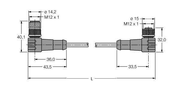 Diagram przedstawia rysunek techniczny dwóch złączy kablowych. Wymiary podane są w milimetrach, w tym 'ø 14,2', 'M12 x 1' oraz 'ø 15'.
