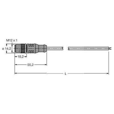 Wtyk M12, wymiary: gwint M12 x 1, średnica 14,2 mm, długość do kabla 55,2 mm, całkowita długość L. Szczegółowy rysunek techniczny.