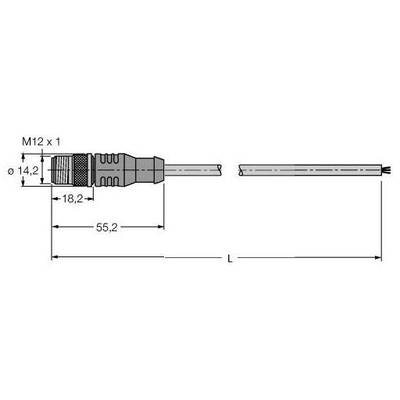 Rysunek przedstawia wtyk techniczny z oznaczeniem: M12 x 1, średnica 14,2 mm, szerokość 18,2 mm, długość 55,2 mm.