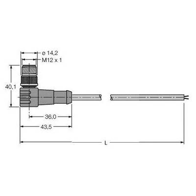 Rysunek techniczny złącza M12 z wymiarami: długość 43,5 mm, szerokość 36 mm, wysokość 40,1 mm. Średnica 14,2 mm.