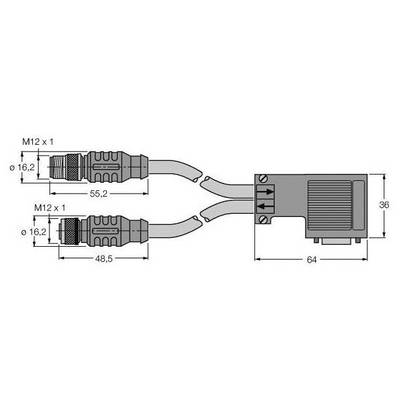 Rysunek techniczny adaptera z dwoma wtyczkami M12 x 1, obudową o wymiarach 64 x 36 mm oraz przewodami przyłączeniowymi.
