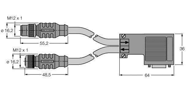 'Rysunek techniczny połączenia elektrycznego z dwoma wtyczkami M12. Wymiary: góra 55,2 mm, dół 48,5 mm, szerokość 64 mm.'