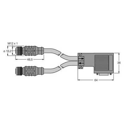 Rysunek techniczny adaptera z dwoma przyłączami i wymiarami. Górny lewy róg: M12 x 1. Wymiary: 16,2, 48,5, 64 i 36 mm.