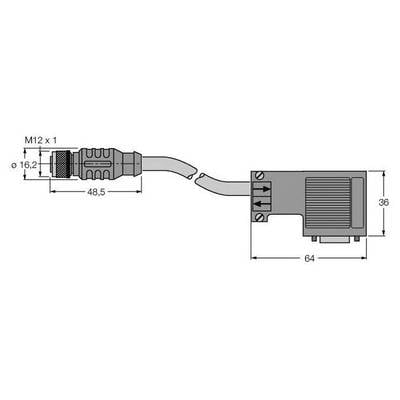 Rysunek techniczny złącza M12 z przewodem, o długości 48,5 mm, średnicy 16,2 mm. Widok z boku z oznaczeniami wymiarów.