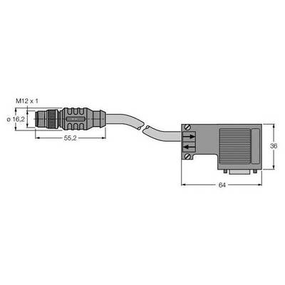 Rysunek techniczny złącza z wymiarami: M12 x 1, długość 55,2 mm; urządzenie obok niego długie na 64 mm, wysokie na 36 mm.