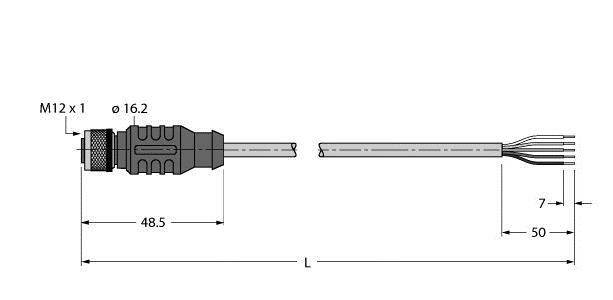Rysunek techniczny złącza M12 z wymiarami: długość 48,5 mm, średnica 16,2 mm. Po lewej stronie połączenie gwintowe, po prawej końcówki kabla.