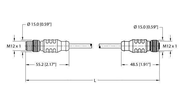 Rysunek techniczny przedstawia dwa wtyki M12, jeden z nakrętką złącza i jeden z kablem. Wymiary: Ø15, 55,2 mm i 48,5 mm długości.