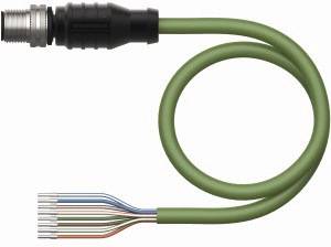 Zielony przemysłowy kabel wtykowy z odkrytymi przewodami w różnych kolorach.