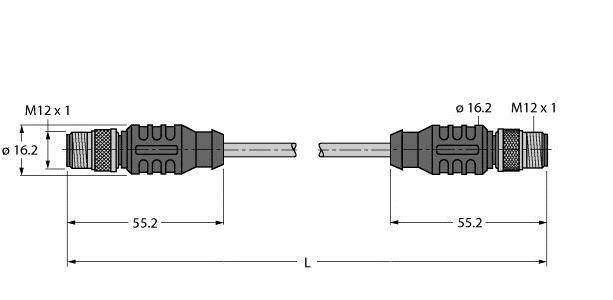 Rysunek techniczny dwóch złączy, gwint M12x1, każde o długości 55,2 mm, średnica 16,2 mm. Układ symetryczny.