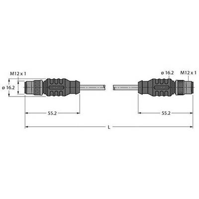 Rysunek techniczny dwóch złączy M12 z wymiarami: długość 55,2 mm, średnica 16,2 mm. Oznaczony opisami długości i parametrów gwintu.