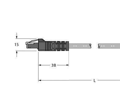 Diagram kabla z wymiarami: szerokość 15 mm, długość 38 mm. Główny fokus na części wtykowej kabla.