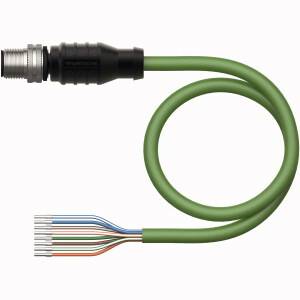 Zielony kabel z czarnym złączem i kilkoma odkrytymi przewodami w różnych kolorach na końcu.