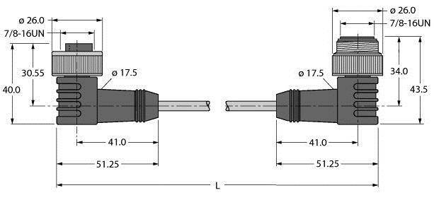 Rysunek techniczny dwóch złączy elektrycznych z wymiarami. Przedstawia szczegóły, takie jak średnica Ø 26,0 mm i długość L wynosząca 145 mm.