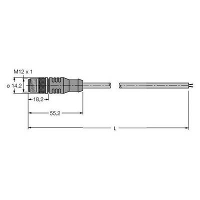 Rysunek techniczny złącza M12 o średnicy 14,2 mm i długości 55,2 mm do otworu kablowego.